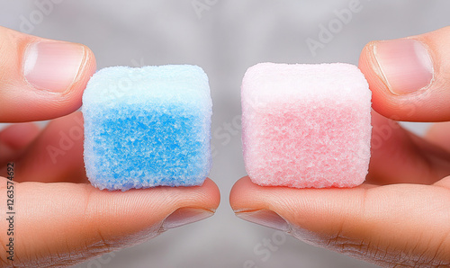 Colorful Sugar Cubes in Pink and Blue Held Between Fingers on Soft Background for Sweet Treats and Beverage Decoration Concepts