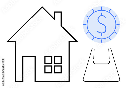 Line drawing of a house, blue coin with dollar sign, and shopping bag symbolize home, finance, and commerce. Ideal for real estate, finance, shopping, economy investment budget wealth themes