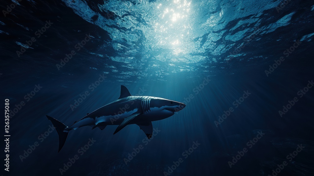 Fototapeta premium Great white shark patrolling a deep blue ocean.