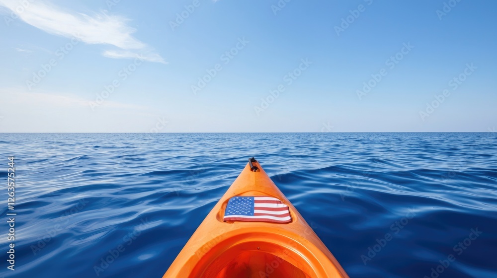 Kayaking on open water, American flag on kayak