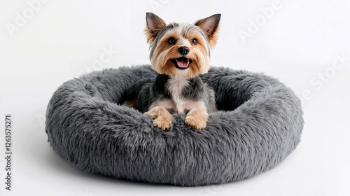 Happy dog sitting in fluffy bed against white background.  
