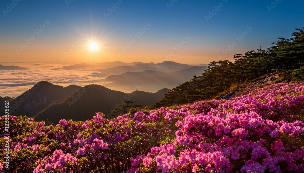 morning and spring view of pink azalea flowers at hwangmaesan mountain with the background of sunlight and foggy mountain range near hapcheon gun south korea morning and spring view of pink azalea flowers at hwangmaesan mountain with the background of sunlight and foggy mountain range near hapcheon gun south korea