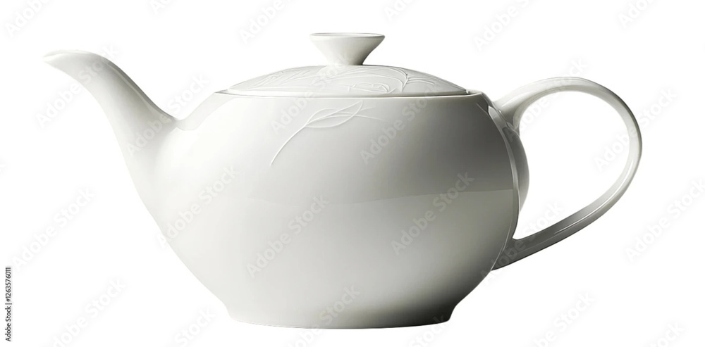 Elegant white ceramic teapot with detailed design on transparent background Elegant white ceramic teapot with detailed design on transparent background
