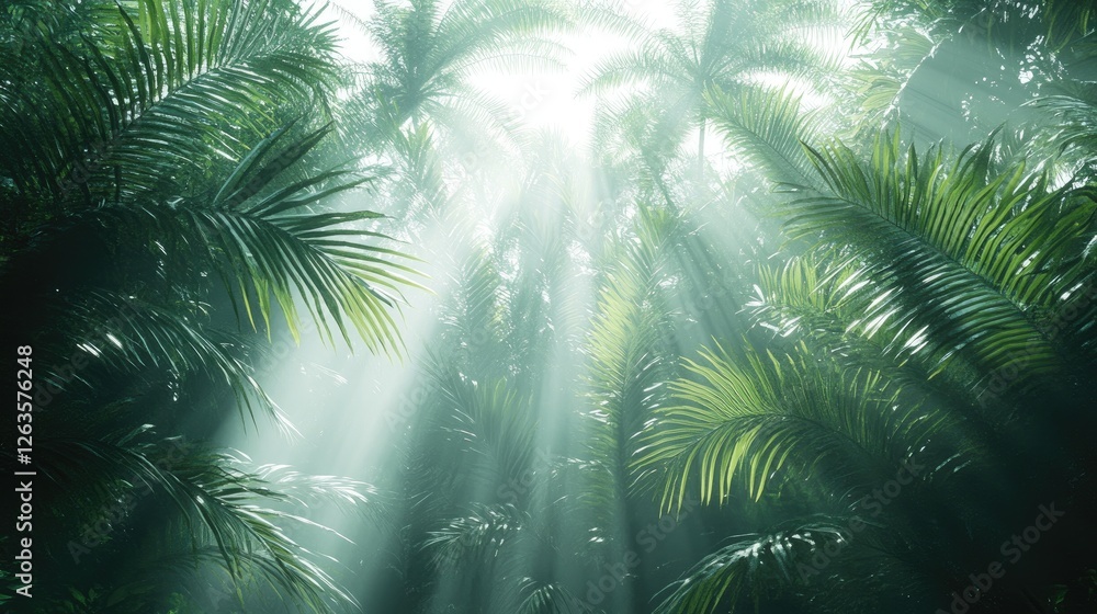 Naklejka premium Tropical Rainforest Sunlight Filtering Through Canopy