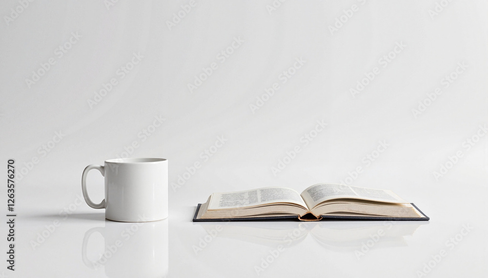Naklejka premium Open book and white cup on minimalist background