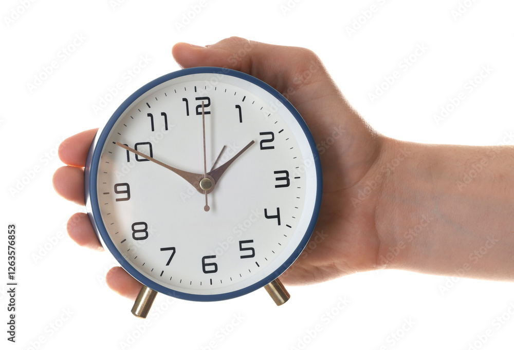Man with alarm clock on white background, closeup Man with alarm clock on white background, closeup