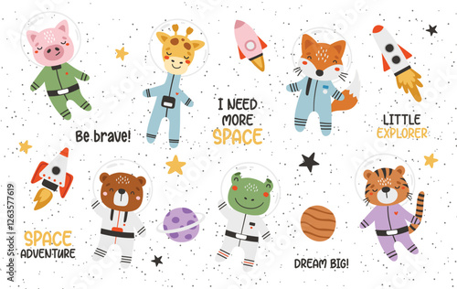 Cute animals astronauts in space set, with planets, stars and spaceships. Flat design 