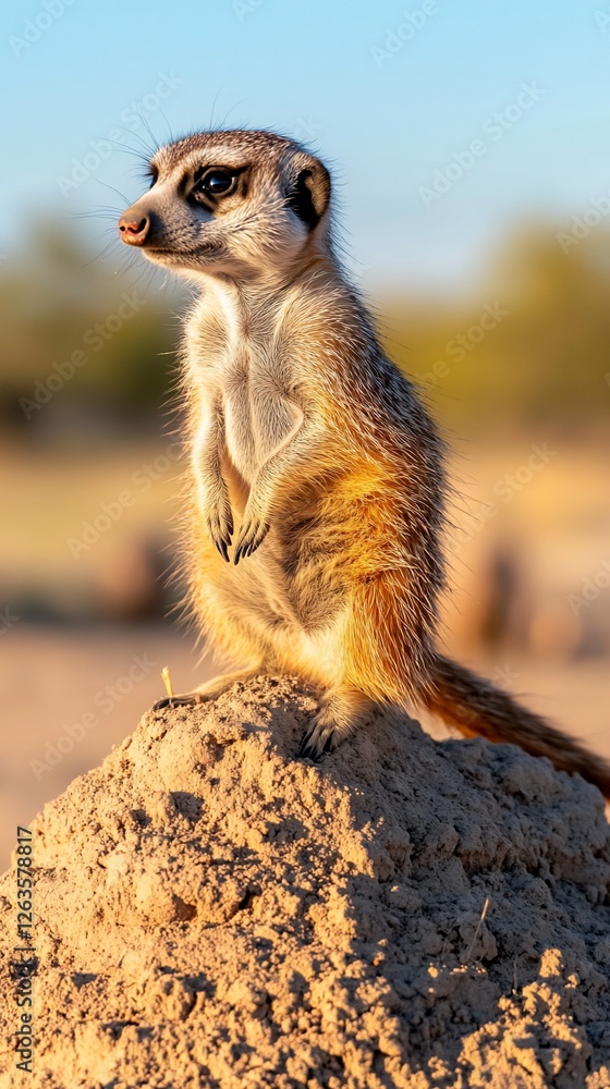 Fototapeta premium Meerkat sentinel on mound, African savanna sunset. Wildlife nature photography for websites