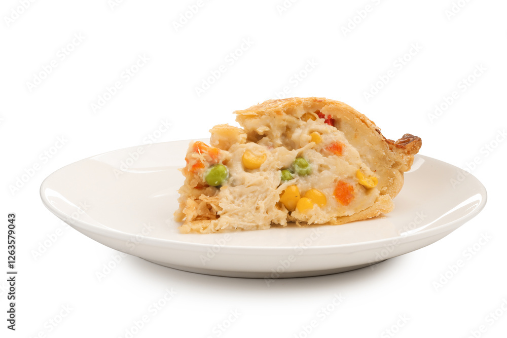 Piece of tasty homemade pie with chicken and vegetables isolated on white Piece of tasty homemade pie with chicken and vegetables isolated on white