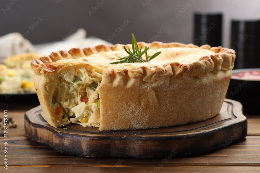 Delicious fresh homemade pie with rosemary on wooden table, closeup Delicious fresh homemade pie with rosemary on wooden table, closeup