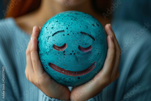 woman's hands holding a sad face while hiding behind a happyface, representing the concept of bipolar disorder and depression and the idea of personality and mood changes photo