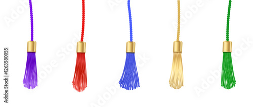 Tassel. Vector fringe or handbag accessory, graduate hat isolated on white background. Multicolor 3d rope with tassel, hanging window curtain decoration element design