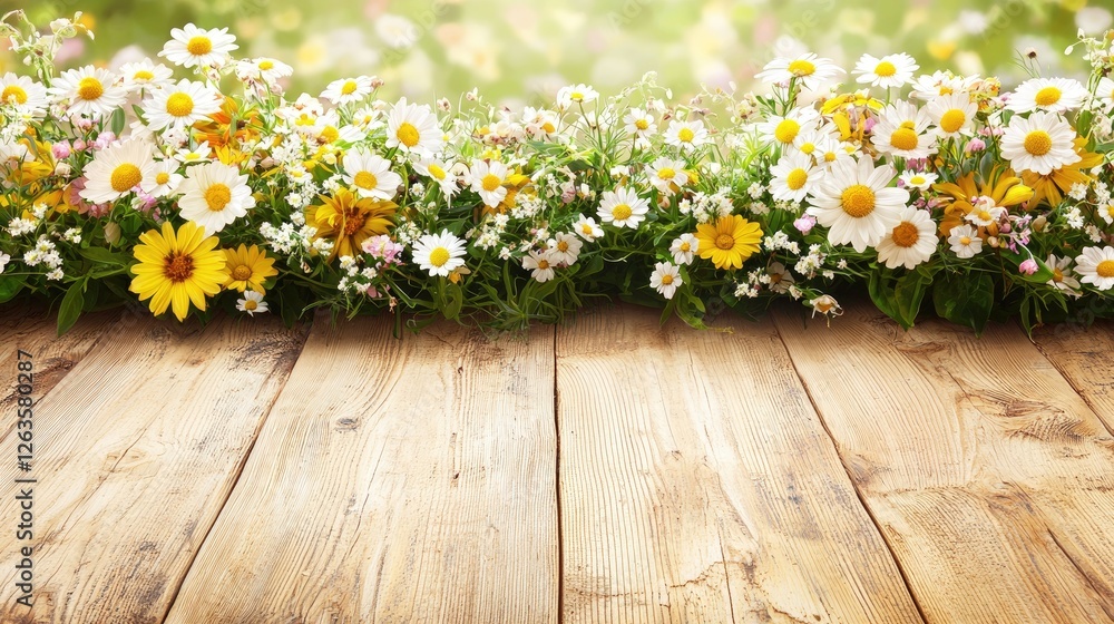 Fototapeta premium Spring flowers border on wooden planks, garden background, nature product display