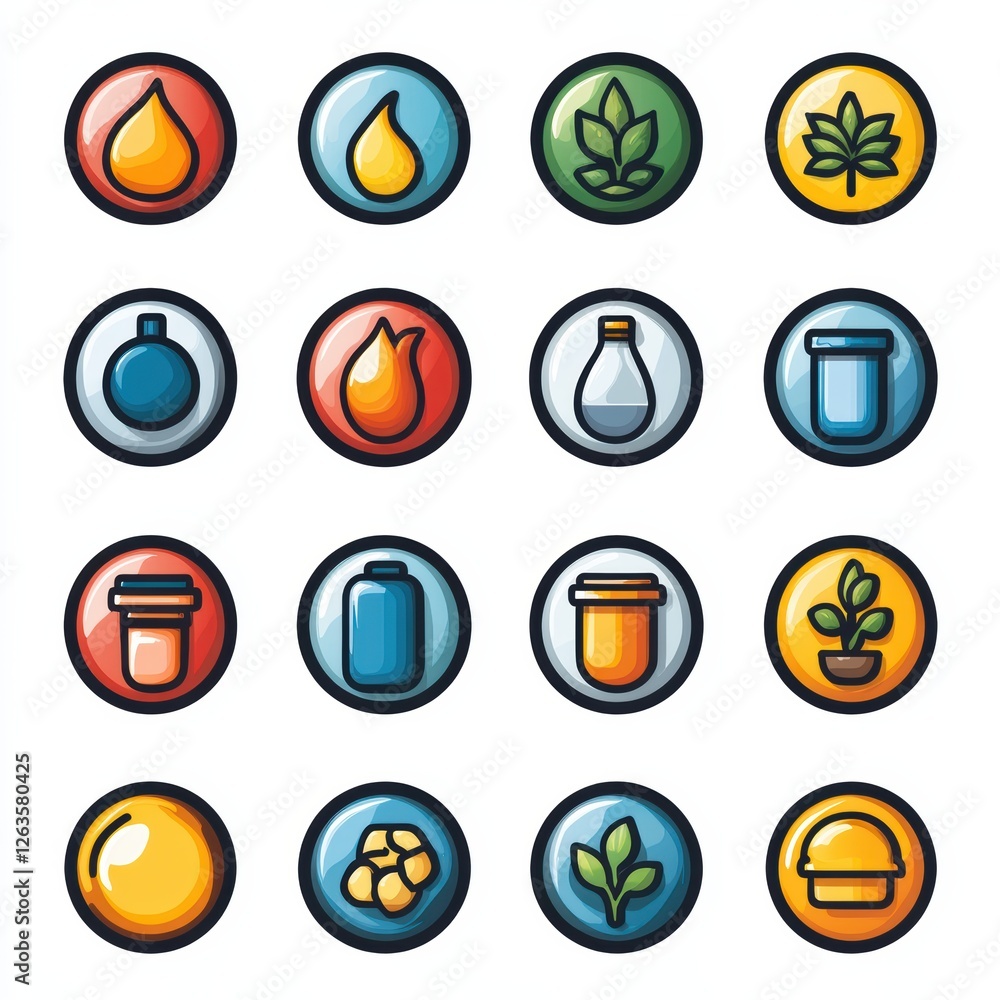 A vibrant assortment of circular icons features water droplets, leaves, and jars against a bright background. Each icon symbolizes different natural and liquid elements