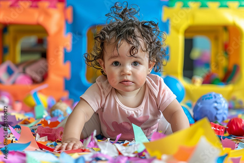 chaotic and energetic toddler wreaking havoc in a colorful kids room, surrounded by torn paper and scattered toys. Studio lighting captures the mayhem. photo