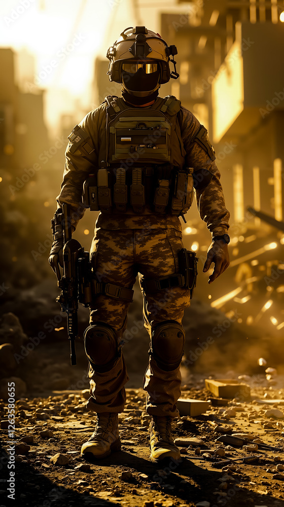 A man in a military uniform holding a rifle in a city A man in a military uniform holding a rifle in a city
