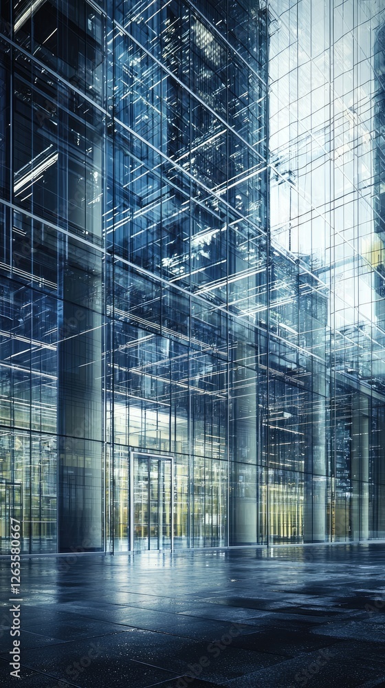 Fototapeta premium Modern city building lobby, glass facade, urban background, business concept
