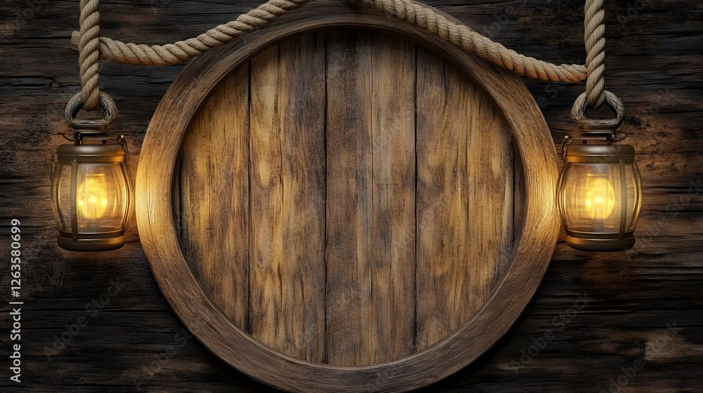 Fototapeta premium Wooden round frame with lanterns and rope on rustic wooden background