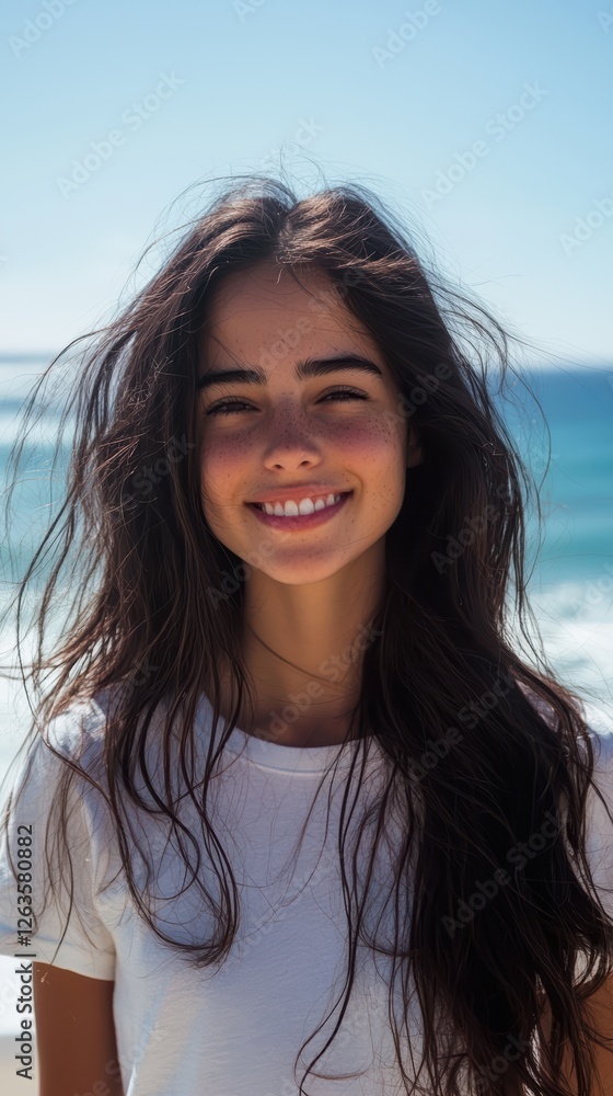 Sunny beach portrait of a joyful young woman in white tshirt Sunny beach portrait of a joyful young woman in white tshirt