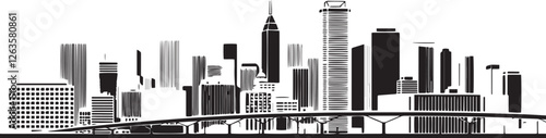 City landscape. Different buildings on street, outline cityscape hand sketch, flat houses. Hand drawn vector illustration