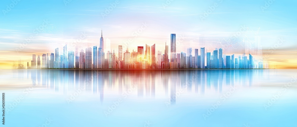 Fototapeta premium Vibrant city skyline at sunset with reflection on water showcasing modern architecture and urban landscape