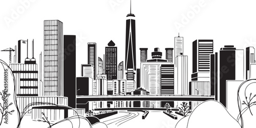 City landscape. Different buildings on street, outline cityscape hand sketch, flat houses. Hand drawn vector illustration