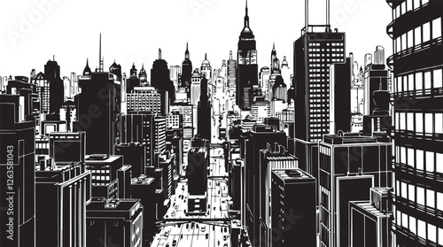 City landscape. Different buildings on street, outline cityscape hand sketch, flat houses. Hand drawn vector illustration