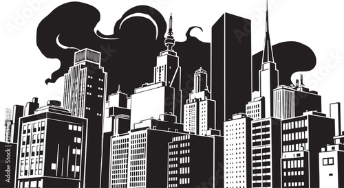 City landscape. Different buildings on street, outline cityscape hand sketch, flat houses. Hand drawn vector illustration