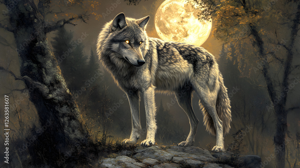 Fototapeta premium A majestic wolf with glowing eyes stands on the edge of an ancient forest