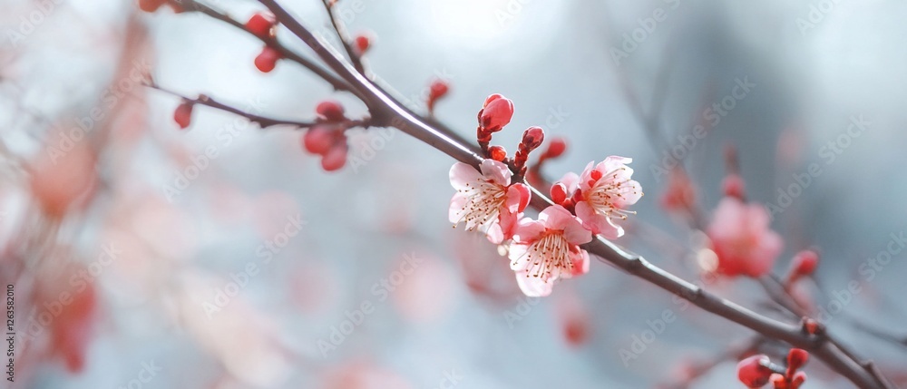 Pink blossoms bloom on branch, spring garden Pink blossoms bloom on branch, spring garden