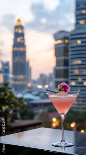 Pink cocktail sunset city rooftop bar