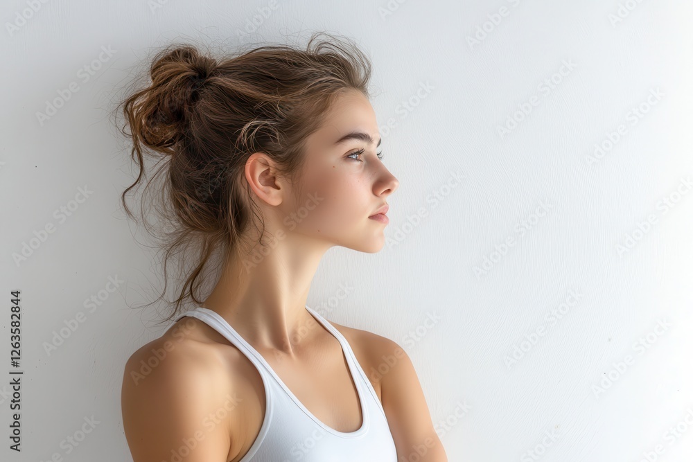 Graceful Young Woman in Warrior One Pose: Side View of a Fitness Enthusiast Practicing Yoga Against a Minimalist Background Graceful Young Woman in Warrior One Pose: Side View of a Fitness Enthusiast Practicing Yoga Against a Minimalist Background