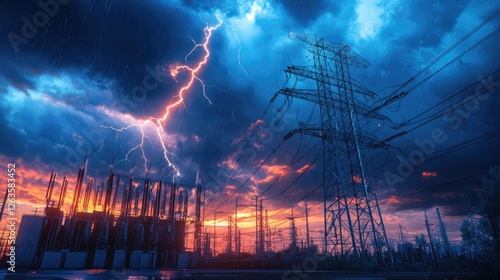 Lightning Strikes Power Station During a Dramatic Sunset Storm