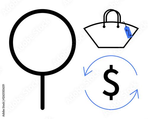 Magnifying glass represents search, shopping bag with price tag signifies product selection, dollar sign with arrows indicates payment or transaction. Ideal for e-commerce, retail, shopping, online