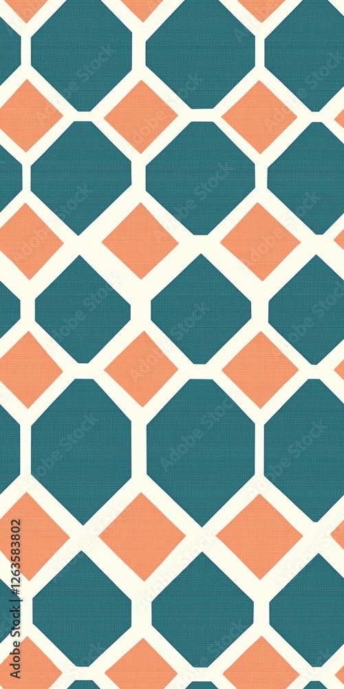 Fototapeta premium 1955s style pattern, retro diamond grid, vintage fabric design, teal and coral, atomic age geometric shapes