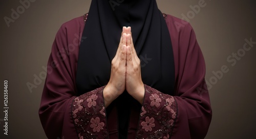 a beautiful moslem woman performing salaam greeting during ramadan photo