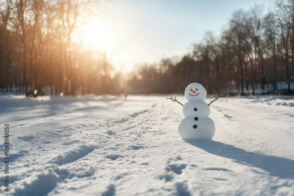 Fototapeta premium Snowman stands proudly in a snowy park during golden hour sunlight illuminating the winter landscape