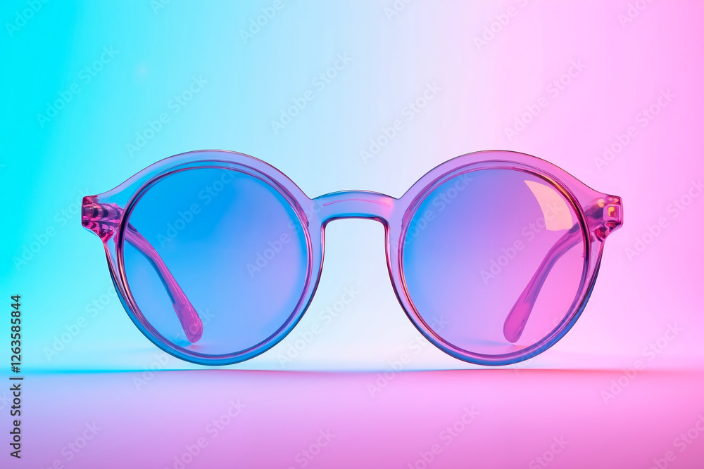A pair of pink and blue sunglasses on a pink and purple background A pair of pink and blue sunglasses on a pink and purple background