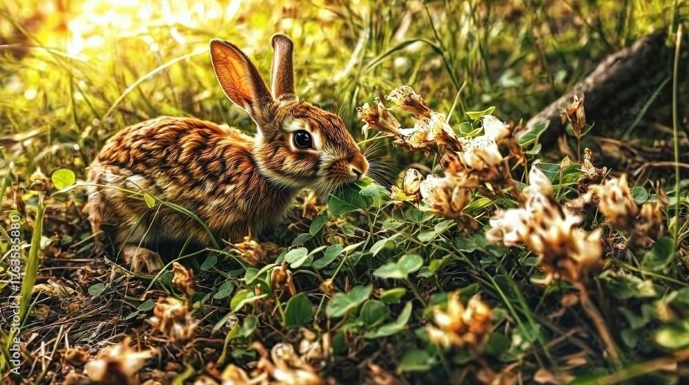 A petite bunny perched atop verdant grasslands beside a mound of desiccated foliage A petite bunny perched atop verdant grasslands beside a mound of desiccated foliage