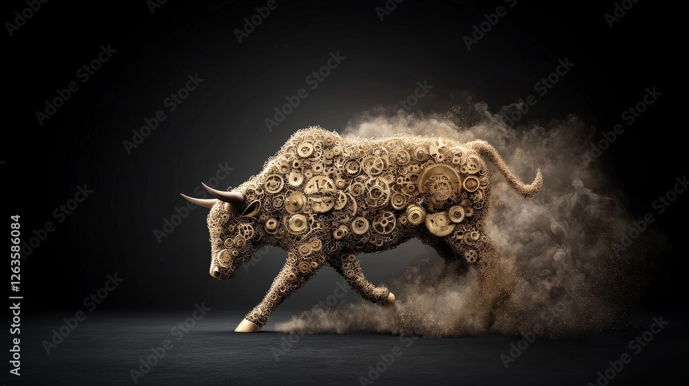 Fototapeta premium Mechanical Bull Crafted from Intricate Gears in Motion