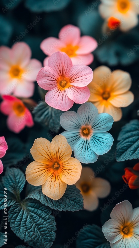 Delicate primrose flowers bloom with cheerful colors, creating a stunning display. Their intricate petals and lush green leaves enhance the beauty of the garden in spring. Delicate primrose flowers bloom with cheerful colors, creating a stunning display. Their intricate petals and lush green leaves enhance the beauty of the garden in spring.