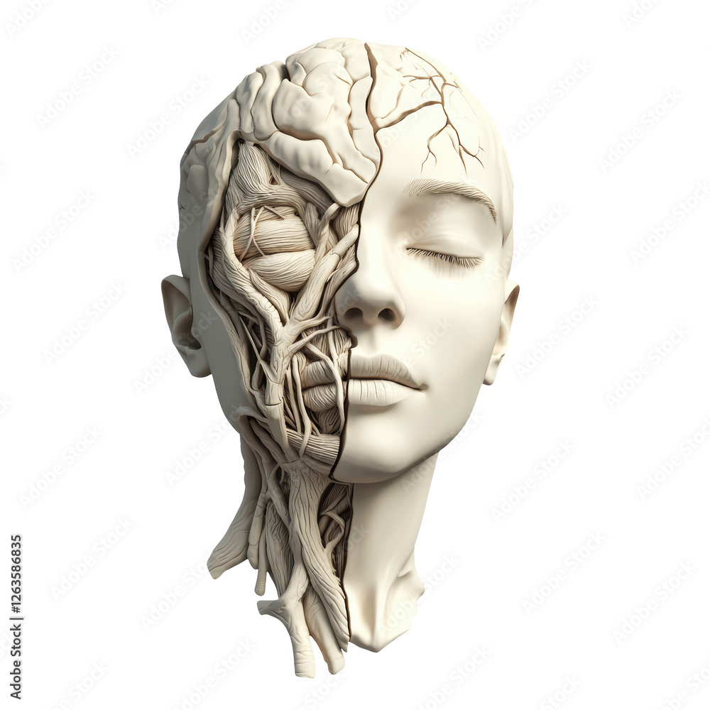 Anatomical Head Artwork in Beige with Visible Brain Structure on Transparent Anatomical Head Artwork in Beige with Visible Brain Structure on Transparent