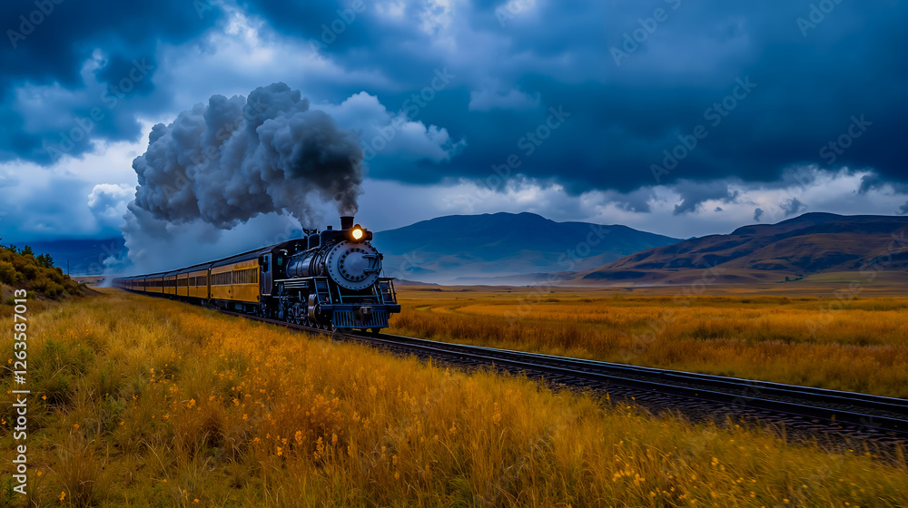 Obraz premium A train traveling through a field of tall grass under a cloudy sky