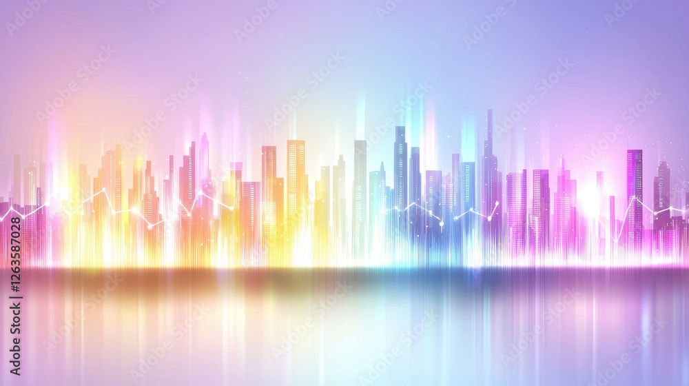 Vibrant City Skyline with Colorful Sound Waves Representing Urban Energy and Dynamic Growth in a Futuristic Setting Vibrant City Skyline with Colorful Sound Waves Representing Urban Energy and Dynamic Growth in a Futuristic Setting