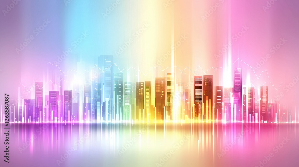 Colorful city skyline with vibrant light reflections and abstract shapes creating a dynamic urban atmosphere Colorful city skyline with vibrant light reflections and abstract shapes creating a dynamic urban atmosphere
