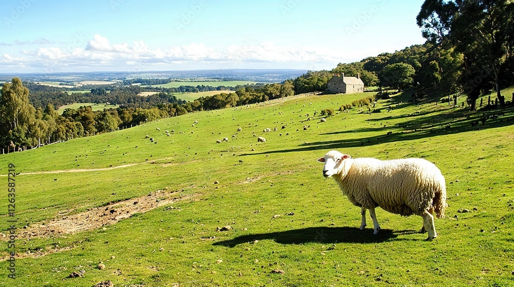 Fototapeta premium A lush green field surrounds a sheep, trees line one side while a building stands tall on the other