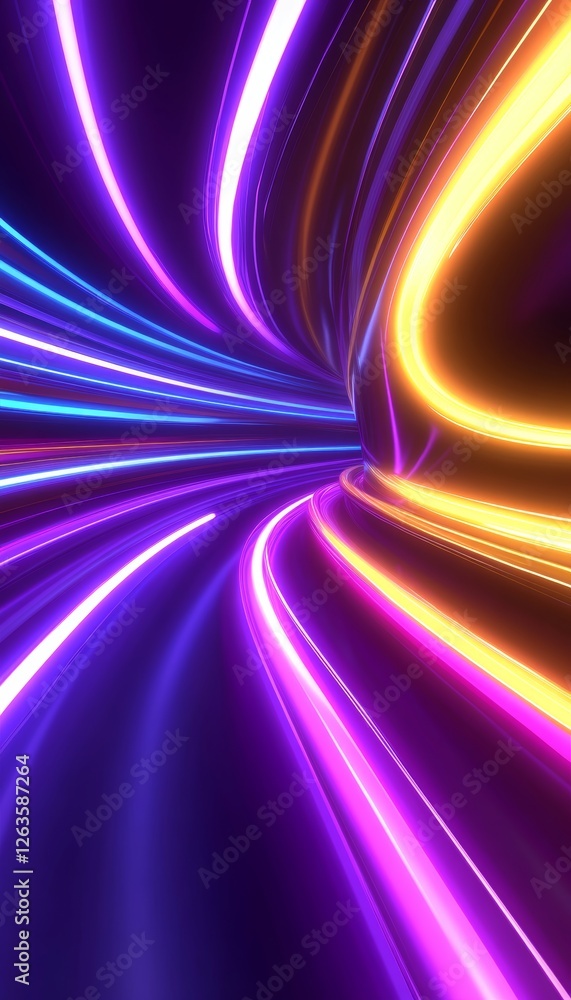 Obraz premium Neon Tunnel, Digital Vector Art Illustration of Light Streams in Blue, Purple, Gold, and Pink