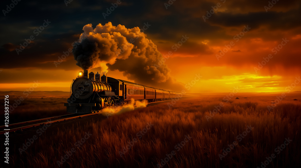 Obraz premium A train traveling through a field of tall grass at sunset