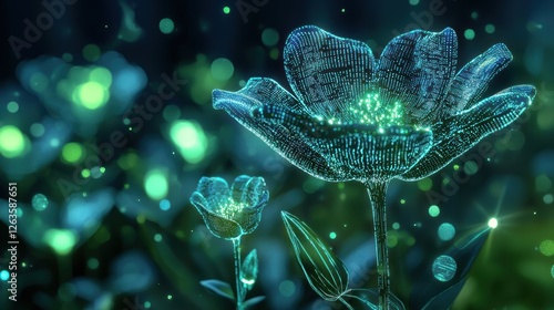 Futuristic ai hybrid garden with binary code petals photo