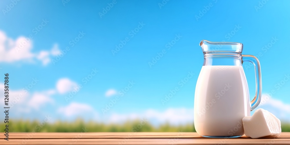Milk pitcher, cubes, sunny sky, field. Dairy ad
